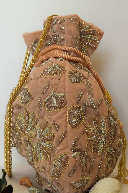Shop Eena Pink Embroidery, Beads, Sequins Embellished Potli Bag at Aza Fashions Shop_Eena_Pink Embroidery, Beads, Sequins Embellished Potli Bag _at_Aza_Fashions