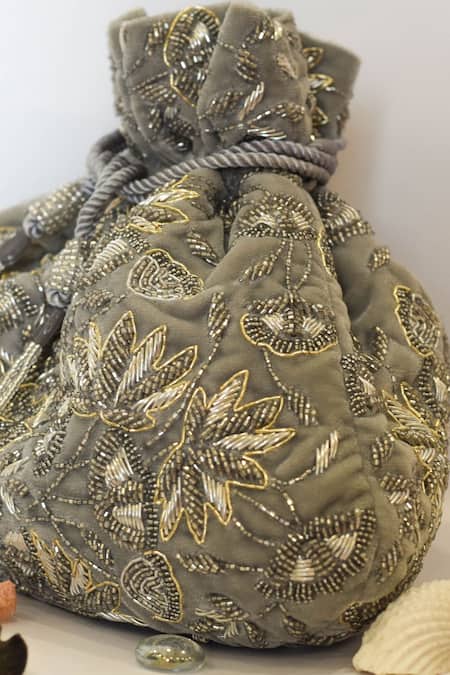 Eena Grey Embroidery, Beads Embellished Potli Bag Online at Aza Fashions Eena_Grey Embroidery, Beads Embellished Potli Bag _Online_at_Aza_Fashions
