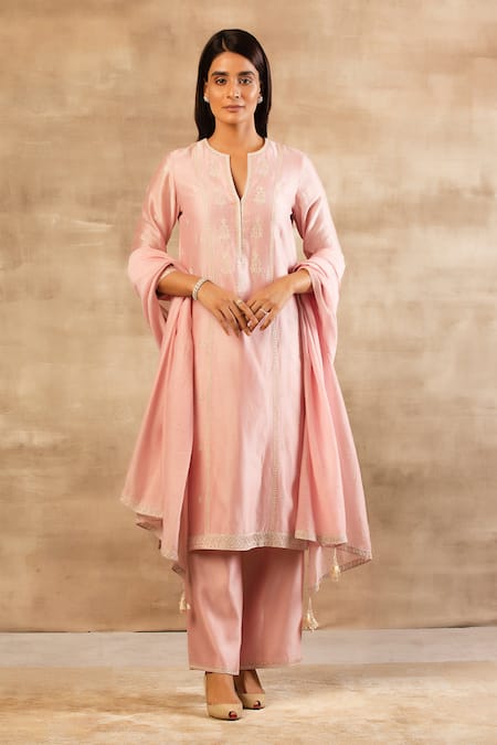 Shop Sana Barreja Pink Chanderi Silk Round Kurta Set at Aza Fashions Shop_Sana Barreja_Pink Chanderi Silk Round Kurta Set _at_Aza_Fashions