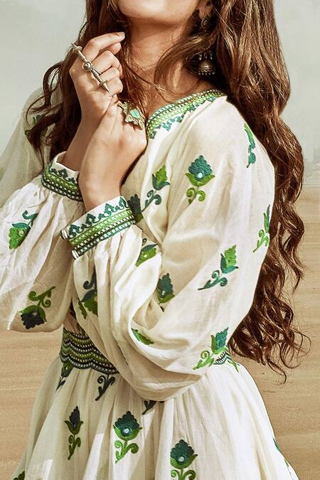 Buy_Divya By Divya Anand_White Kora Mulmul V Neck Embroidered Short Dress _Online_at_Aza_Fashions