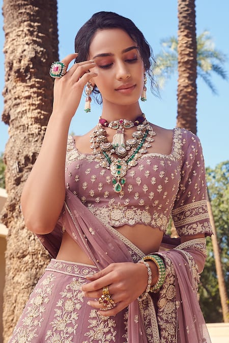 Sahil Kochhar_Purple Silk Organza U Neck Zara Aari Bridal Lehenga Set_Online_at_Aza_Fashions