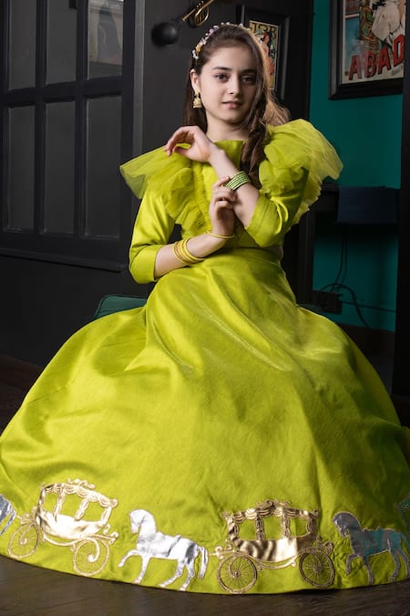 Hoity Moppet_Green Silk, Satin Applique Zarin Lehenga And Top Set _Online_at_Aza_Fashions