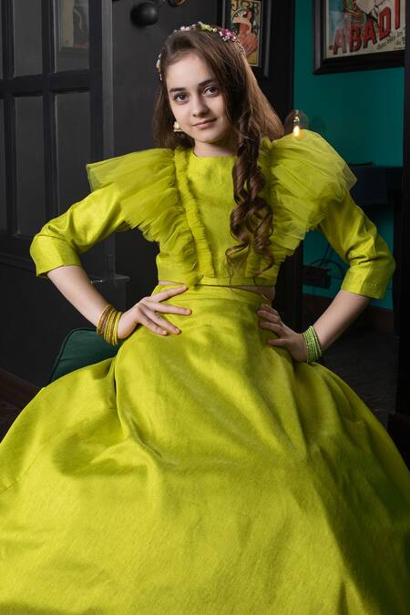 Shop_Hoity Moppet_Green Silk, Satin Applique Zarin Lehenga And Top Set _Online_at_Aza_Fashions