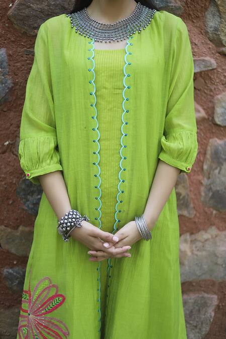 Rajiramniq_Green Handwoven Chanderi Kurta Set With Jacket_Online_at_Aza_Fashions