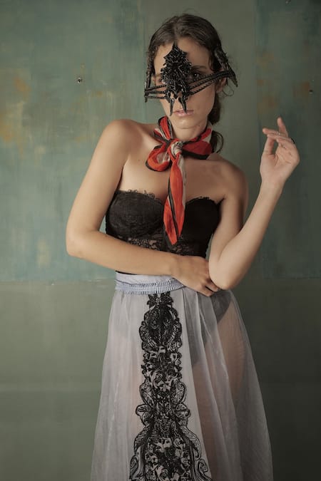 Buy_Nidhi Yasha_Blue Viscose Embroidered Sheer Skirt  _Online_at_Aza_Fashions