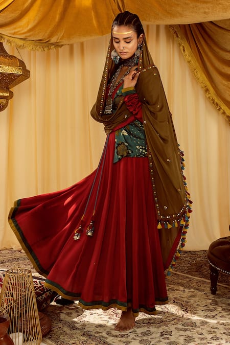 Shop Zariya The Label Brown Modal Satin Block Print And Mirror V Neck Waistcoat & Anarkali Set at Aza Fashions Shop_Zariya The Label_Brown Modal Satin Block Print And Mirror V Neck Waistcoat & Anarkali Set _at_Aza_Fashions