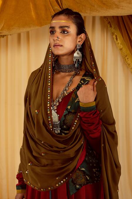 Buy Zariya The Label Brown Modal Satin Block Print And Mirror V Neck Waistcoat & Anarkali Set Online at Aza Fashions Buy_Zariya The Label_Brown Modal Satin Block Print And Mirror V Neck Waistcoat & Anarkali Set _Online_at_Aza_Fashions