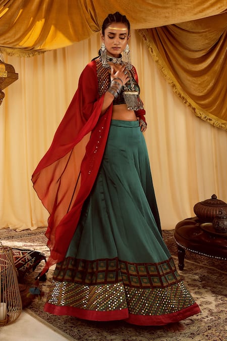 Shop Zariya The Label Green Modal Satin Vanaspati Print And Mirror Round Work Cape Lehenga Set at Aza Fashions Shop_Zariya The Label_Green Modal Satin Vanaspati Print And Mirror Round Work Cape Lehenga Set _at_Aza_Fashions
