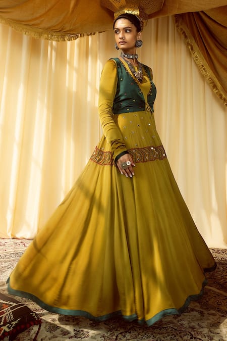 Shop Zariya The Label Yellow Modal Satin Thread And Mirror Round Work Waistcoat & Anarkali Set at Aza Fashions Shop_Zariya The Label_Yellow Modal Satin Thread And Mirror Round Work Waistcoat & Anarkali Set _at_Aza_Fashions