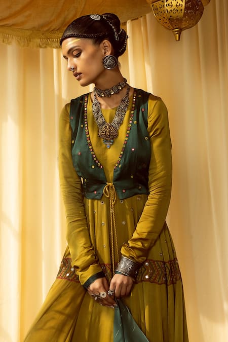 Buy Zariya The Label Yellow Modal Satin Thread And Mirror Round Work Waistcoat & Anarkali Set Online at Aza Fashions Buy_Zariya The Label_Yellow Modal Satin Thread And Mirror Round Work Waistcoat & Anarkali Set _Online_at_Aza_Fashions
