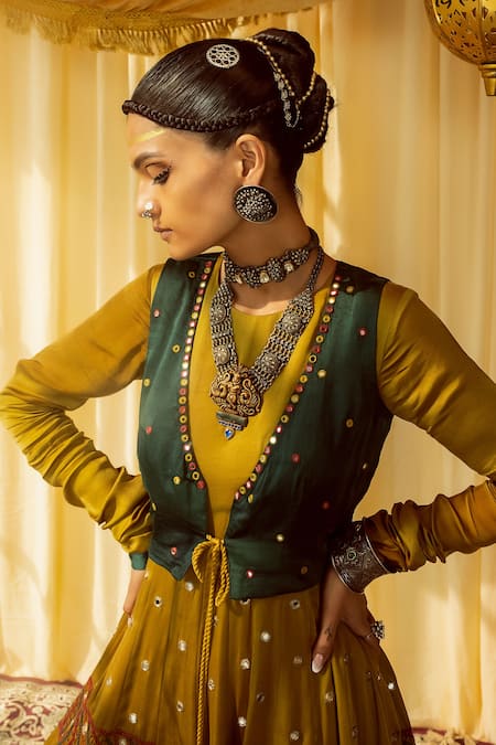Shop Zariya The Label Yellow Modal Satin Thread And Mirror Round Work Waistcoat & Anarkali Set Online at Aza Fashions Shop_Zariya The Label_Yellow Modal Satin Thread And Mirror Round Work Waistcoat & Anarkali Set _Online_at_Aza_Fashions