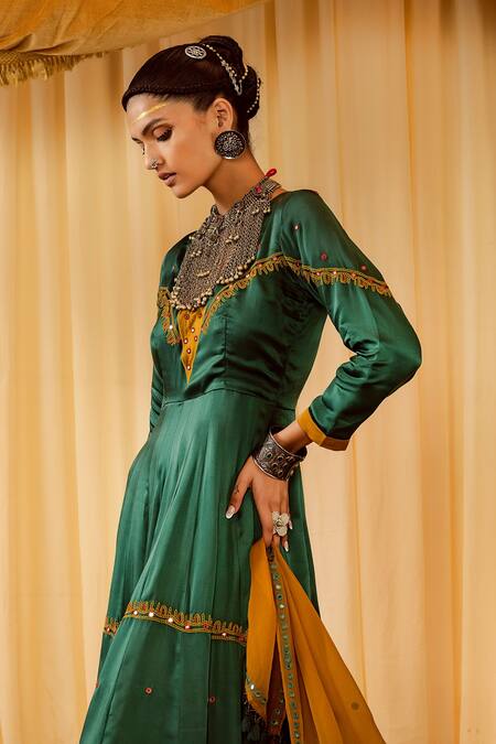 Zariya The Label_Blue Modal Satin" Thread And Mirror Notched Round Neck Tiered Anarkali Set _Online_at_Aza_Fashions