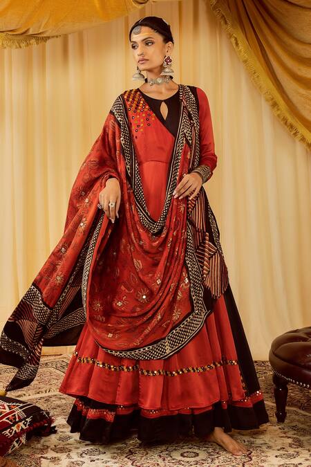 Zariya The Label Brown Modal Satin Block Print And Mirror Round Tiered Anarkali Set Online at Aza Fashions Zariya The Label_Brown Modal Satin Block Print And Mirror Round Tiered Anarkali Set _Online_at_Aza_Fashions