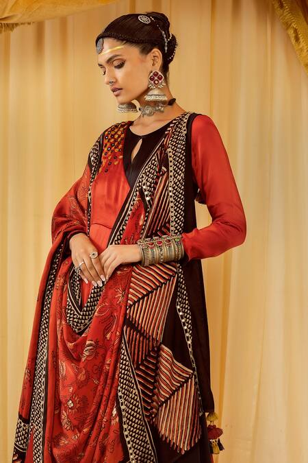 Buy Zariya The Label Brown Modal Satin Block Print And Mirror Round Tiered Anarkali Set Online at Aza Fashions Buy_Zariya The Label_Brown Modal Satin Block Print And Mirror Round Tiered Anarkali Set _Online_at_Aza_Fashions