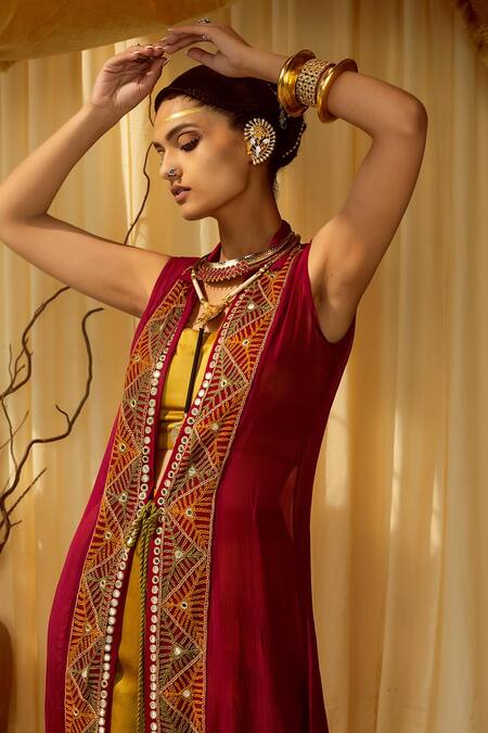 Zariya The Label Maroon Modal Satin Thread And Mirror Square Neck Front Tie Up Cape & Pant Set Online at Aza Fashions Zariya The Label_Maroon Modal Satin Thread And Mirror Square Neck Front Tie Up Cape & Pant Set _Online_at_Aza_Fashions