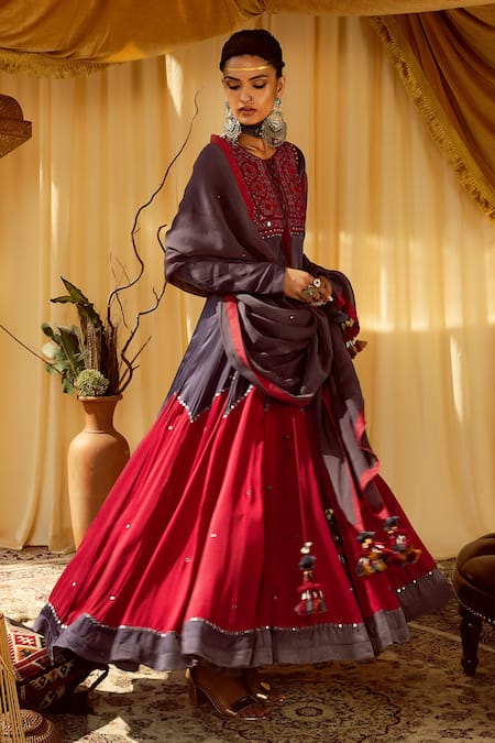 Shop Zariya The Label Purple Modal Satin Mirror Round Work Anarkali Set at Aza Fashions Shop_Zariya The Label_Purple Modal Satin Mirror Round Work Anarkali Set _at_Aza_Fashions