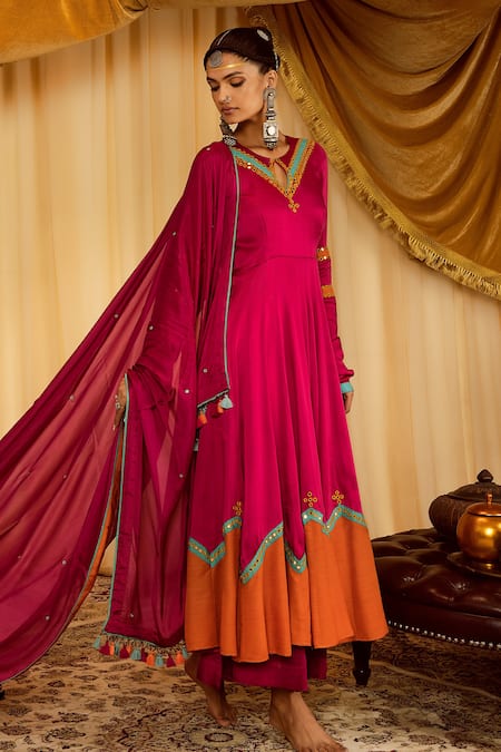 Shop Zariya The Label Pink Modal Satin Mirror Round Contrast Hem Anarkali Set at Aza Fashions Shop_Zariya The Label_Pink Modal Satin Mirror Round Contrast Hem Anarkali Set _at_Aza_Fashions