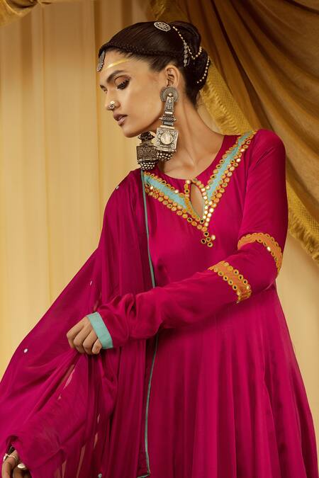 Buy Zariya The Label Pink Modal Satin Mirror Round Contrast Hem Anarkali Set Online at Aza Fashions Buy_Zariya The Label_Pink Modal Satin Mirror Round Contrast Hem Anarkali Set _Online_at_Aza_Fashions
