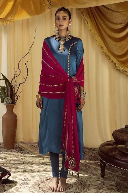 Zariya The Label Blue Modal Satin Thread And Mirror Round Embroidered Kurta Churidar Set 
