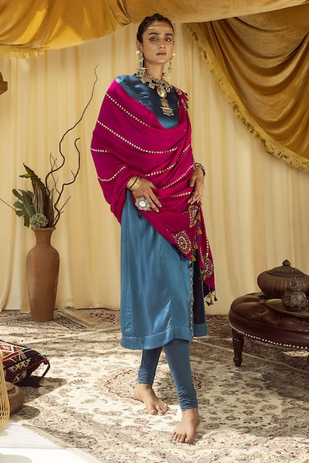 Shop Zariya The Label Blue Modal Satin Thread And Mirror Round Embroidered Kurta Churidar Set at Aza Fashions Shop_Zariya The Label_Blue Modal Satin Thread And Mirror Round Embroidered Kurta Churidar Set _at_Aza_Fashions