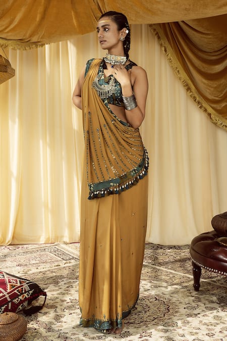 Shop Zariya The Label Yellow Modal Satin Vanaspati Print And Mirror V Neck Work Saree With Blouse at Aza Fashions Shop_Zariya The Label_Yellow Modal Satin Vanaspati Print And Mirror V Neck Work Saree With Blouse _at_Aza_Fashions
