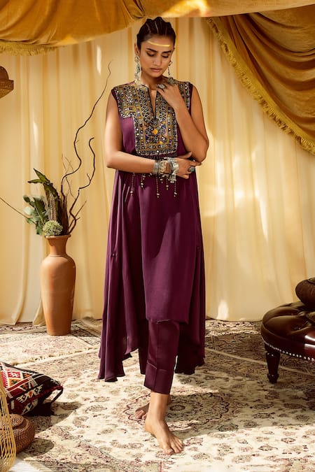 Shop Zariya The Label Purple Modal Satin Thread And Mirror Notched Asymmetric Kurta & Pant Set at Aza Fashions Shop_Zariya The Label_Purple Modal Satin Thread And Mirror Notched Asymmetric Kurta & Pant Set _at_Aza_Fashions