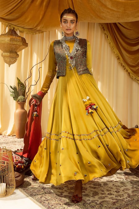Zariya The Label Yellow Modal Satin Floral Print And Mirror Work Round Waistcoat & Anarkali Set 