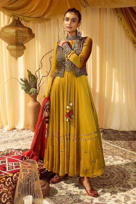 Shop Zariya The Label Yellow Modal Satin Floral Print And Mirror Work Round Waistcoat & Anarkali Set at Aza Fashions Shop_Zariya The Label_Yellow Modal Satin Floral Print And Mirror Work Round Waistcoat & Anarkali Set _at_Aza_Fashions