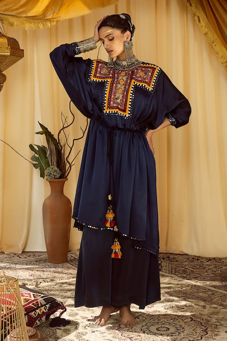 Zariya the Label Blue Modal Satin Embroidery Thread And Mirror Round Placement Kaftan & Pant Set 