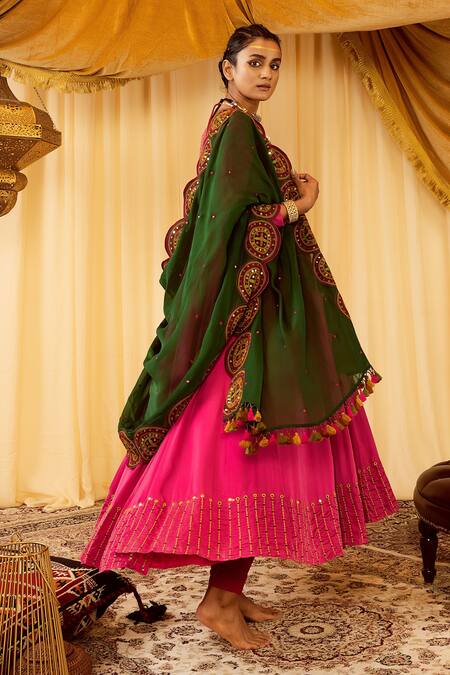 Zariya The Label Pink Modal Satin Thread And Mirror Round Neck Anarkali Set Online at Aza Fashions Zariya The Label_Pink Modal Satin Thread And Mirror Round Neck Anarkali Set _Online_at_Aza_Fashions