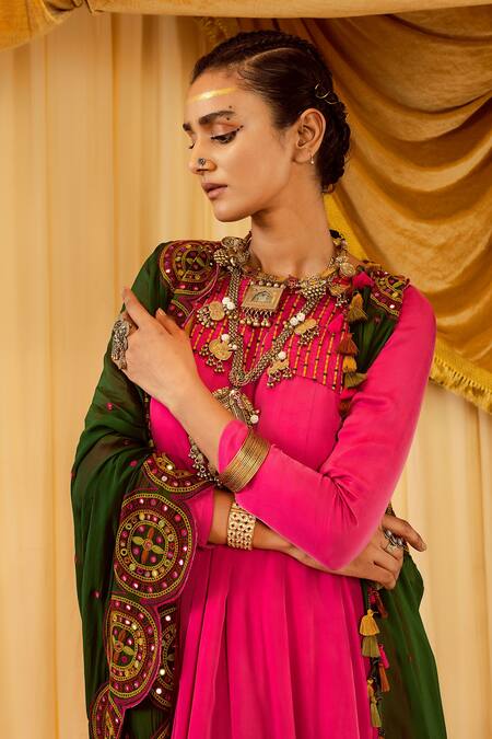 Buy Zariya The Label Pink Modal Satin Thread And Mirror Round Neck Anarkali Set Online at Aza Fashions Buy_Zariya The Label_Pink Modal Satin Thread And Mirror Round Neck Anarkali Set _Online_at_Aza_Fashions