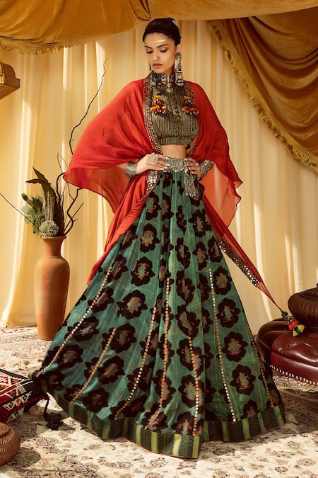 Shop Zariya The Label Brown Modal Satin Vanaspati Print And Mirror Collared Asymmetric Cape Lehenga Set at Aza Fashions Shop_Zariya The Label_Brown Modal Satin Vanaspati Print And Mirror Collared Asymmetric Cape Lehenga Set _at_Aza_Fashions
