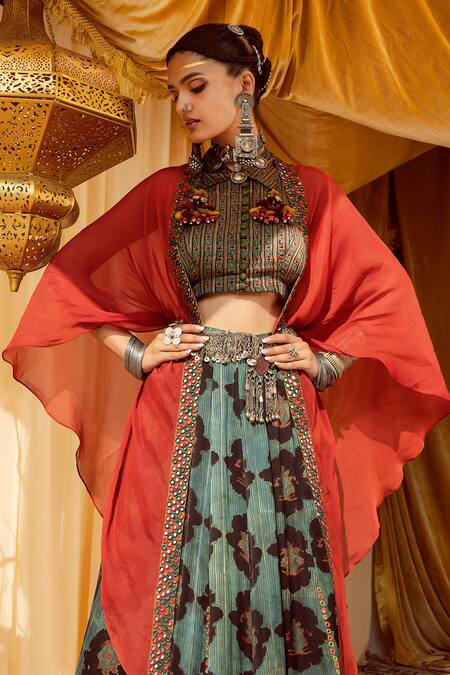 Zariya The Label Brown Modal Satin Vanaspati Print And Mirror Collared Asymmetric Cape Lehenga Set Online at Aza Fashions Zariya The Label_Brown Modal Satin Vanaspati Print And Mirror Collared Asymmetric Cape Lehenga Set _Online_at_Aza_Fashions