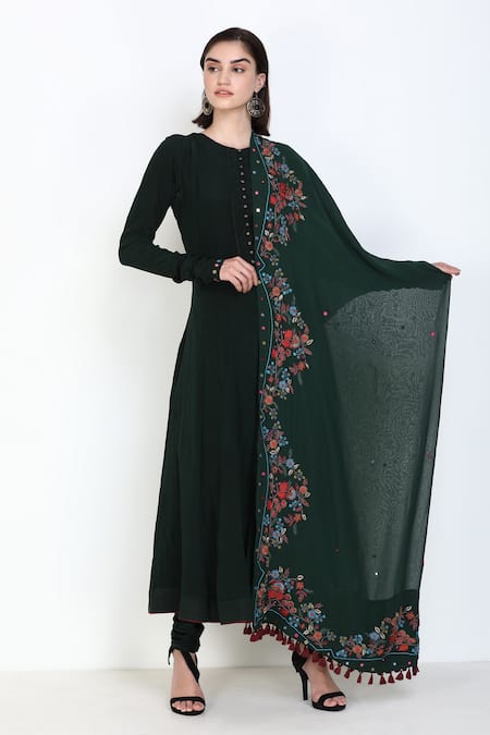 Zariya The Label Green Georgette Thread And Mirror Round Button Front Anarkali Churidar Set 