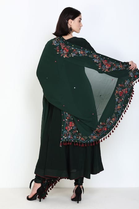 Shop Zariya The Label Green Georgette Thread And Mirror Round Button Front Anarkali Churidar Set at Aza Fashions Shop_Zariya The Label_Green Georgette Thread And Mirror Round Button Front Anarkali Churidar Set _at_Aza_Fashions