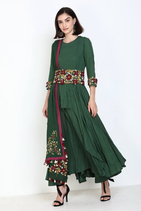 Buy Zariya The Label Green Moss Crepe Thread Round Tiered Kurta Palazzo Set Online at Aza Fashions Buy_Zariya The Label_Green Moss Crepe Thread Round Tiered Kurta Palazzo Set _Online_at_Aza_Fashions