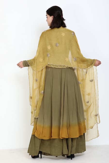 Shop Zariya The Label Green Georgette Thread And Beads V Neck Ombre Angarkha Kurta Skirt Set at Aza Fashions Shop_Zariya The Label_Green Georgette Thread And Beads V Neck Ombre Angarkha Kurta Skirt Set _at_Aza_Fashions