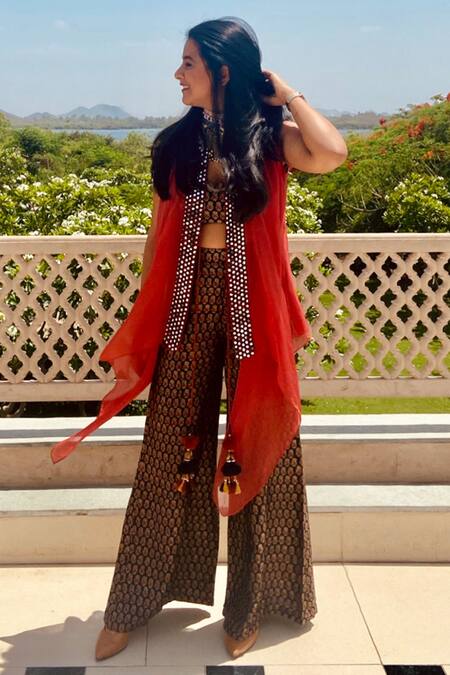 Zariya The Label_Brown Modal Satin Ajrakh Print And Mirror V Neck Asymmetric Cape Pant Set _Online_at_Aza_Fashions