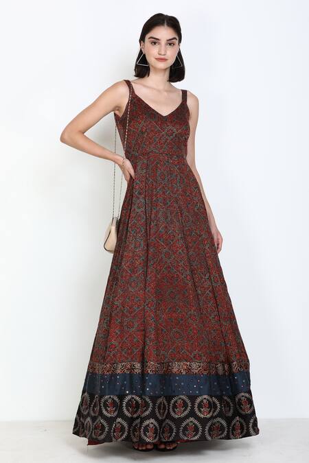 Zariya The Label_Brown Modal Ajrakh Print And Mirror V Neck Gown _Online_at_Aza_Fashions