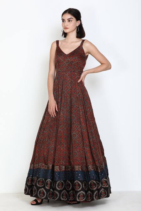 Buy_Zariya The Label_Brown Modal Ajrakh Print And Mirror V Neck Gown _Online_at_Aza_Fashions