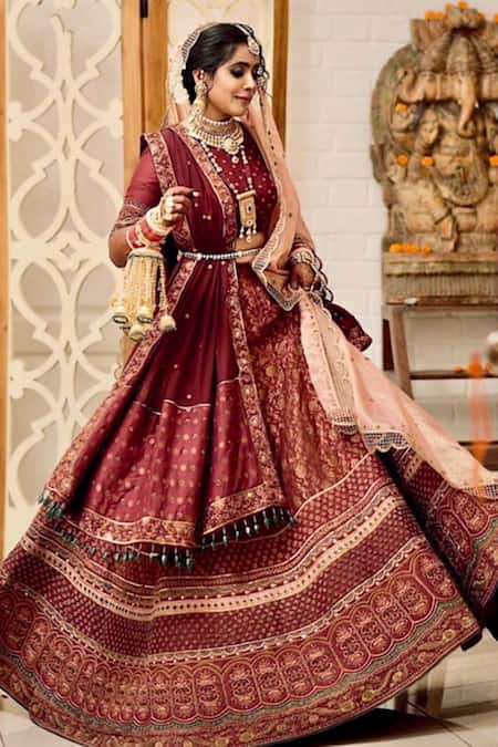 Shop_Zariya The Label_Maroon Munga Silk Dabka, Thread Work And Mirror Embroidered Bridal Lehenga Set _at_Aza_Fashions