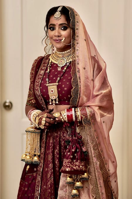 Zariya The Label_Maroon Munga Silk Dabka, Thread Work And Mirror Embroidered Bridal Lehenga Set _Online_at_Aza_Fashions