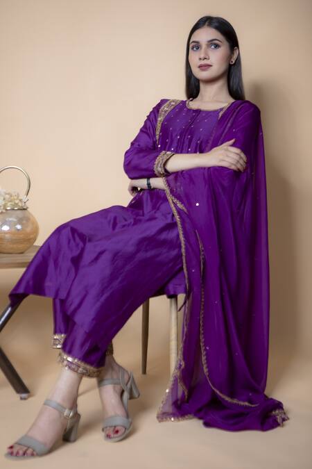 Buy_Ikshita Choudhary_Purple Tissue Organza Embroidered Sequins Work Dupatta_Online_at_Aza_Fashions