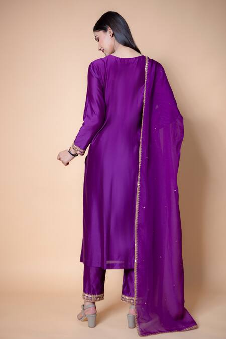 Shop Ikshita Choudhary Purple Chanderi Silk Floral, Sequins Round Embroidered Kurta And Pant Set at Aza Fashions Shop_Ikshita Choudhary_Purple Chanderi Silk Floral, Sequins Round Embroidered Kurta And Pant Set_at_Aza_Fashions