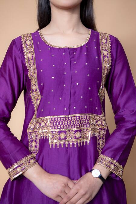 Shop Ikshita Choudhary Purple Chanderi Silk Floral, Sequins Round Embroidered Kurta And Pant Set Online at Aza Fashions Shop_Ikshita Choudhary_Purple Chanderi Silk Floral, Sequins Round Embroidered Kurta And Pant Set_Online_at_Aza_Fashions