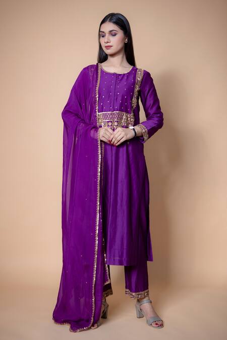 Buy_Ikshita Choudhary_Purple Chanderi Silk Embroidered Sequins Round Kurta Set_Online_at_Aza_Fashions