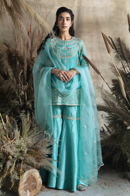 Rachit Khanna Green Silk, Organza Round Embroidered Kurta And Sharara Set 