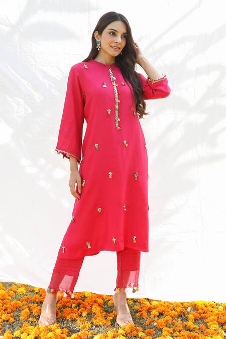 Shop Pairaahan Fuchsia Kurta Silk Embroidery Beads High Neck And Pant Set Online at Aza Fashions Shop_Pairaahan_Fuchsia Kurta Silk Embroidery Beads High Neck And Pant Set_Online_at_Aza_Fashions