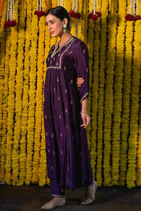 Label Niti Bothra Purple Cupro V Neck Embroidered Kurta Palazzo Set Online at Aza Fashions Label Niti Bothra_Purple Cupro V Neck Embroidered Kurta Palazzo Set _Online_at_Aza_Fashions