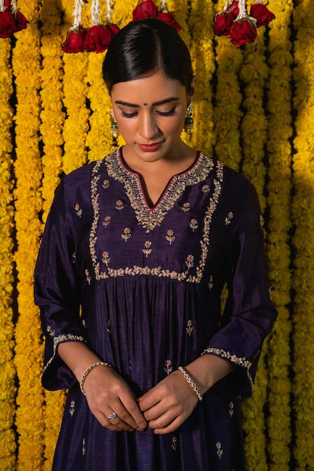 Buy Label Niti Bothra Purple Cupro V Neck Embroidered Kurta Palazzo Set Online at Aza Fashions Buy_Label Niti Bothra_Purple Cupro V Neck Embroidered Kurta Palazzo Set _Online_at_Aza_Fashions